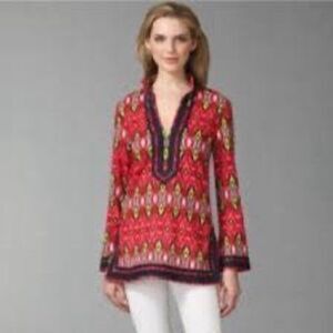 Tory Burch Women's 2 Plunge Neck Tunic Blouse Vivid Red Ikat Print Artsy Boho